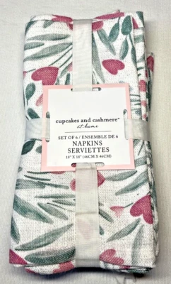 Cupcakes And Cashmere (6) Napkins PINK HEARTS GRAY LEAVES 18 X 18 NIP - Image 1 of 2