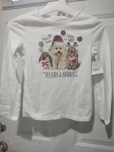 Girls White Cat Dog Kitten Puppy Holiday Merry Christmas Tee T-Shirt S (6-6x) - Picture 1 of 3