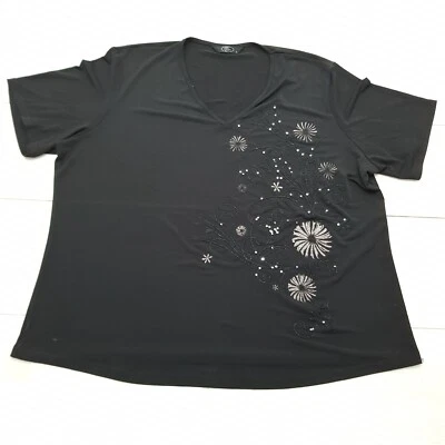 BM Casual Top Blouse Size 16-18 Black Floral Stretch Embroidered Short Sleeve - Image 1 of 4
