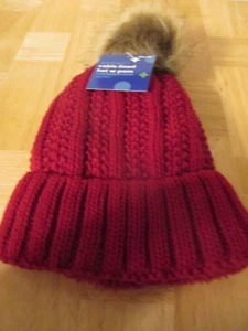 Damen Zopfmuster Beanie - warm gefütterte Mütze mit Bommel - Einheitsgröße, rot, gebr. Bommel - "NEU" mit Etikett! - Bild 1 von 5