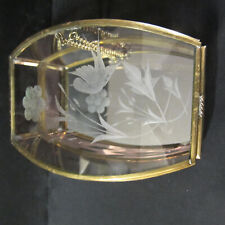 Brass and Glass Trinket Box #5 Curved Top Etched Bird & Flower Purple Glass 