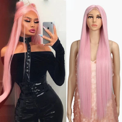Synthetic Lace Wigs 38 Inch Long Straight Lace Wig Ombre Blonde Brown Pink - Image 1 of 4