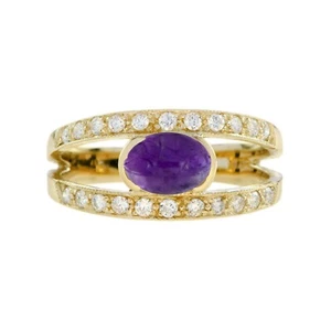 9K Yellow Gold Cabochon Amethyst Diamond Vintage Style Ring - Picture 1 of 11