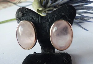 SCHMUCK-STCK Ohrringe Stecker oval 925 SILBER Rosenquarz Cabochon Quarz - Picture 1 of 2