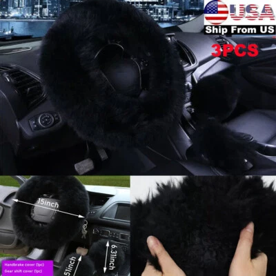 3PCS Car Wool Steering Wheel Cover with Fuzzy Handbrake Cover & Gear Shift Cover - Image 1 of 4