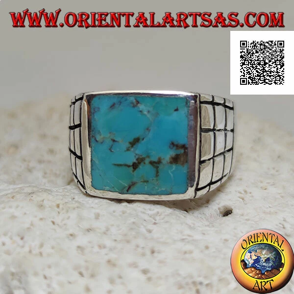 Anello in Argento 925‰ turchese naturale rettangolare e quadretti sui lati (22) - Immagine 1 di 1