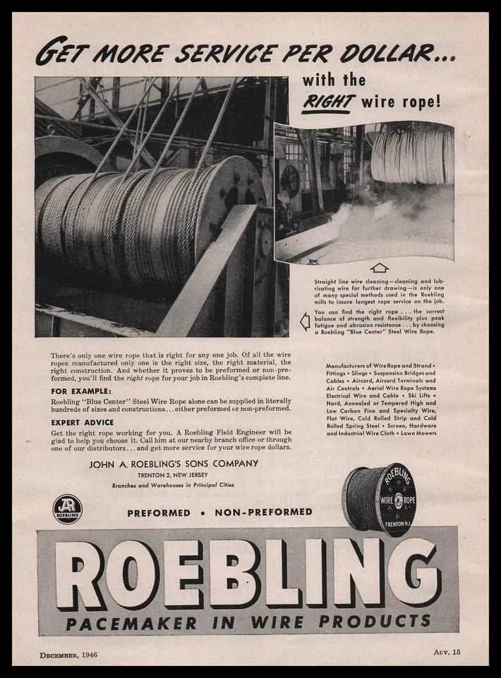 1946 Roebling Blue Center cuerda de alambre de acero fotos Trenton Nueva Jersey anuncio impreso Foto 1 de 1