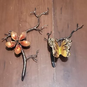 Dogwood Flower Tree Branch Butterfly on Branch Enamel Wall Sculpture Plaque Deco - Picture 1 of 10