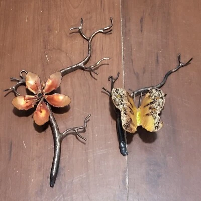 Dogwood Flower Tree Branch Butterfly on Branch Enamel Wall Sculpture Plaque Deco - Image 1 of 4