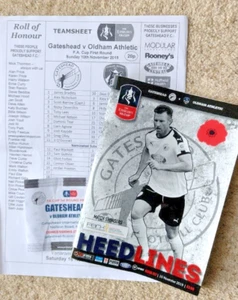 GATESHEAD V OLDHAM ATHLETIC 2019-20 F.A.CUP 1st ROUND PROGRAMME TEAMSHEET TICKET - Picture 1 of 1