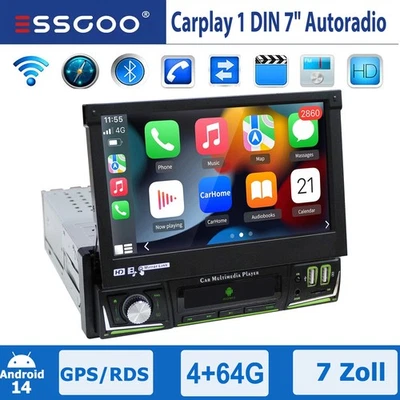 1 DIN Auto Android Mit Carplay Autoradio GPS NAVI BT RDS FM WIFI USB AUX 4+64GB - Bild 1 von 4