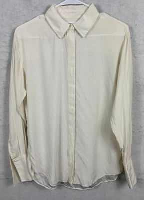 Blusa Camisa Montura 100% Seda Off White Mujer Botón Oculto Frontal Pequeña L/S Top Foto 1 de 4