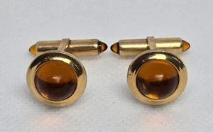 Men's Vintage Krementz Gold Tone Round Amber Glass Cufflinks 04 - Picture 1 of 3