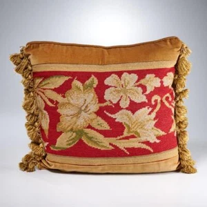 Needlepoint rot braun Lilie Lilien Blume Samt Quaste Überwurf Kissen 18"w - Bild 1 von 4