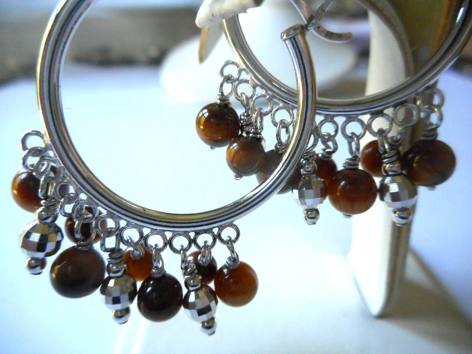  Sterling Silver Tigers Eye Bead Dangle Cha Cha Hoop Earrings  29A14 - Image 1 of 4
