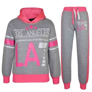 Kids Girls Tracksuit LOS ANGELES LA7 Print Neon Pink Hoodie & Bottom Jog Suit - Picture 1 of 9