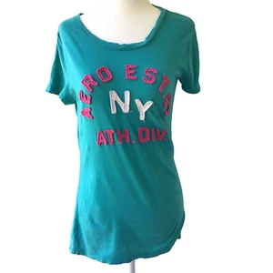 Aeropostale T Shirt Womens M Blue Pink White Applique Letters Tee Top Logo Crew - Picture 1 of 12