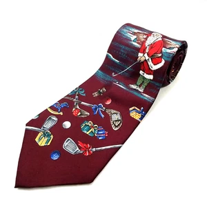Zylos George Machado Christmas Tie Burgundy Santa Golf Silk Necktie Made in USA - Picture 1 of 8