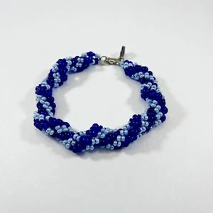 Handmade Twist Bead Bracelet Tiny Light and Dark Blue Beads, Approx 8" - Picture 1 of 3