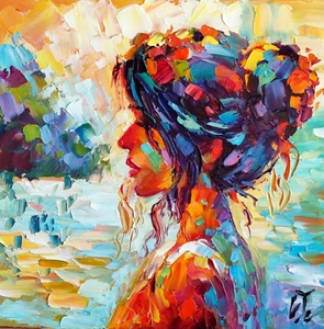 original painting Woman Girl colorful artwork Female Portrait decor art 8*8 inch - Picture 1 of 9