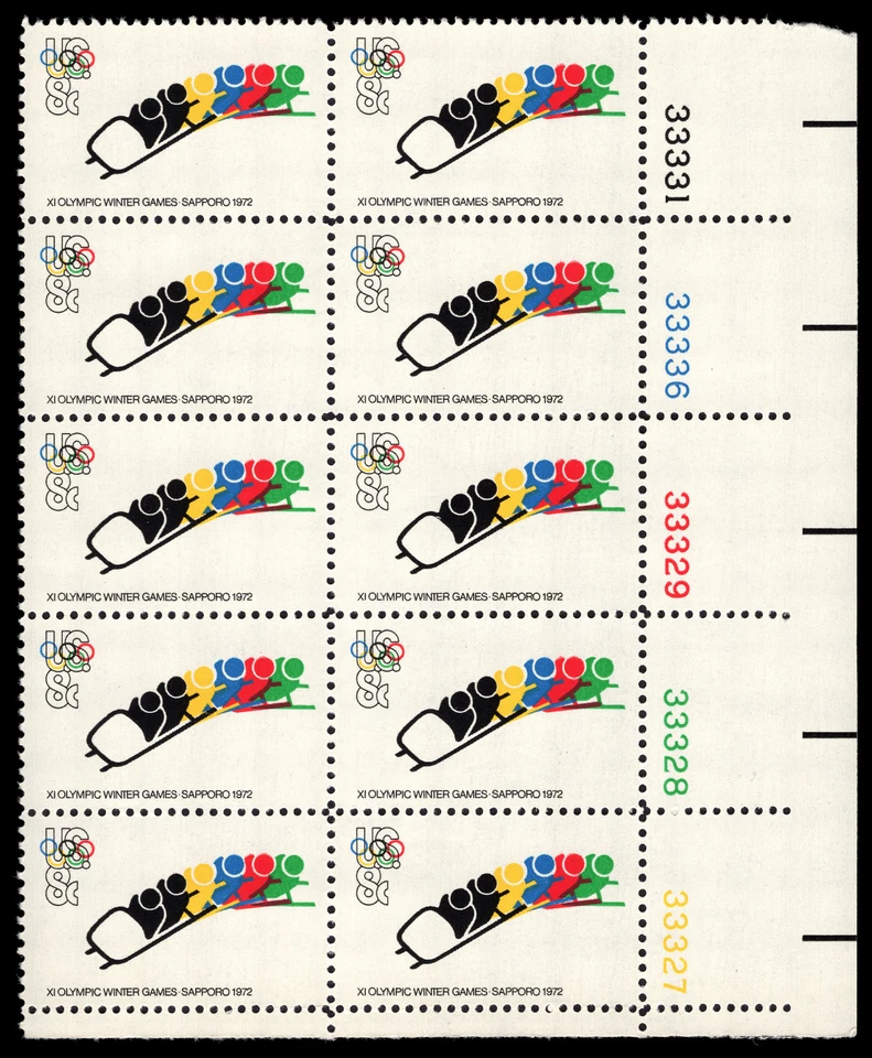 Estados Unidos Scott # 1461, bobsledding, Juegos Olímpicos, bloque de placas de (10) estampillas de 1972 6¢, MNH Foto 1 de 1