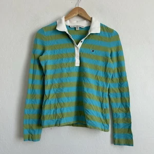 Camisa Tommy Hilfiger Mujer Pequeña De Colección Y2k Manga Larga Polo Rayas Logo Azul Verde - Imagen 1 de 8
