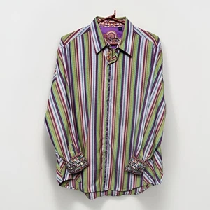 Robert Graham Striped Long Sleeve Button Down Shirt Mens XL Green Flip Cuff - Picture 1 of 5