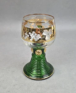 German Gold Trim Green Ribbed Gold Medallions Stem Wine Glass Grapes & Vine - Picture 1 of 22