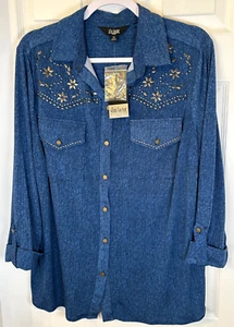 Slim Factor by Investments Bluse 1X blau Metall Pinwheel Blumen Western Top neu mit Etikett - Bild 1 von 10