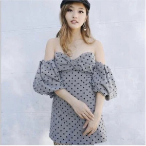 NWT Jenn Im Eggie Delilah Gray Polka Dot Off Shoulder Puff Sleeve Mini Dress L - Picture 1 of 6