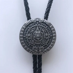 New Vintage Style Silver Plated Aztec Calendar Wedding Bolo Tie Leather Necklace - Picture 1 of 8
