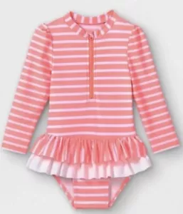 Cat & Jack Girls Coral Pink White One Piece Swim Bathing Suit Skirt Ruffles 18 M - Picture 1 of 5