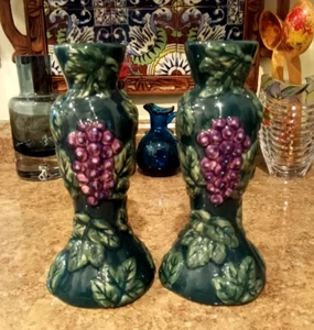 VTG Ganz BELLA CASA Candle Stick Holders GREEN CERAMIC Purple Grapes FAST SHIP - Picture 1 of 10