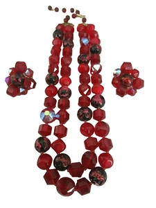 Castlecliff Vintage Signed Red Glass Beaded Necklace and Earrings - Picture 1 of 9