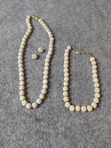 2 Monet White Filigree Beaded Necklaces & 1 Pair Of Earrings 1950s - Picture 1 of 9