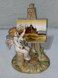 RARE VTG Ardalt Occupied Japan Bisque Porcelain Cherub Angel Artist Painting - Picture 1 of 8