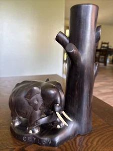 Vintage Ebony Wood Elephant Sculpture Lamp Base Hand Carved Made In Ceylon Rare! - Picture 1 of 5