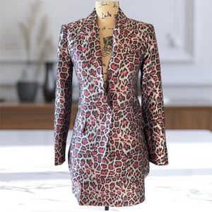 Sen Leopard Print Blazer and Skirt Suit XS 2 Piece Set Nordstrom’s Red Silver Bk - Picture 1 of 16