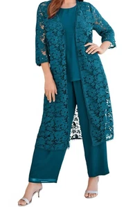 Roamans Vtg 2 Pc Lace Duster Layered Pant Suit Set Teal Womens 16W EUC - Picture 1 of 15