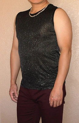 N8310 Mens Sleeveless Tee Tank Top Metallic Silver Stripes - Image 1 of 4