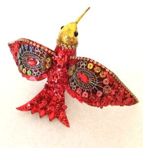 2 VTG Clip On Bird SEQUINS Rhinestones BEADS Red Gold HUMMINGBIRD Flocked JAPAN - Picture 1 of 23