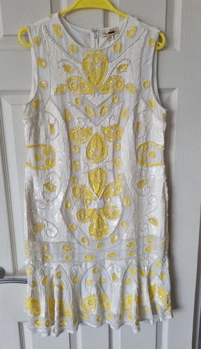 OFF WHITE Abito tubino Flock and Frill Artie bianco sporco colore giallo paillettes taglia 14 nuovo con etichette