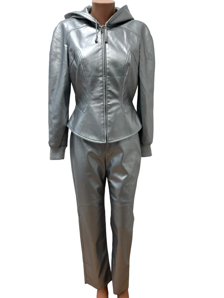 MUGLER Talla 40 - XS VINTAGE PVC Traje Pantalones Pantalones Chaqueta con Capucha Plateado De Colección Foto 1 de 4