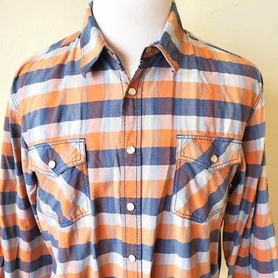 Camisa Mossimo Botón Hombres XL Perla A Presión LS Bolsillos Manga Pestaña Enrollable Naranja Azul Foto 1 de 4