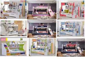 BRAND NEW KIDS BUNK BED WITH PULLOUT TRUNDLE STAIRCASE WITH DRAWERS SHELVES - Picture 1 of 11
