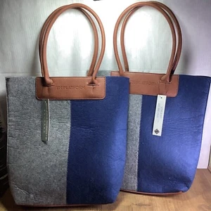 Borsa a tracolla grande nuova 2 due Sondra Roberts quadrata lana blu e grigia tessuto marrone - Foto 1 di 9