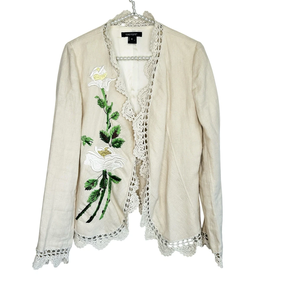 Chaqueta Karen Kane Lino Bordada Crochet Mujer 6 Boho Elegante Arte Para Usar Foto 1 de 4