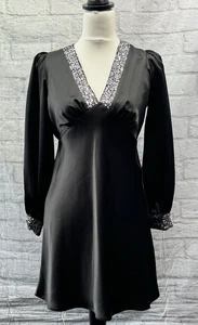 New Look A-Line Dress Black Satin Size 10 V-Neck Long Sleeve Diamante Cuffs BNWT - Picture 1 of 14