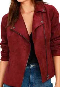 Women's Dark Red Suede Jacket 100% Real Soft Suede Leather Biker Style Jacket - Picture 1 of 6