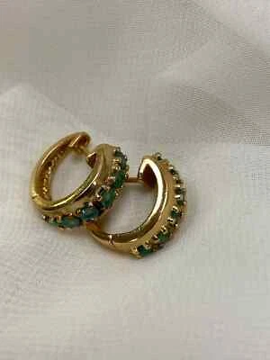 Natural Vintage Emerald Hoop Earrings 1.4Ct Round  14K Yellow Gold Plated - Image 1 of 4